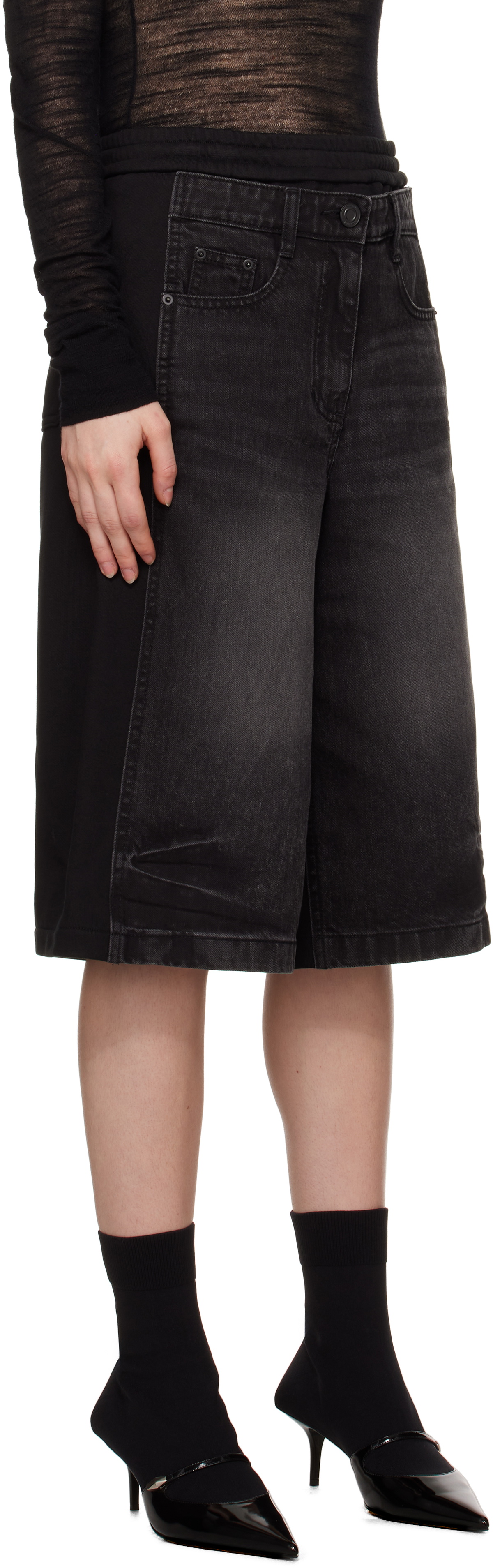 Juun.J Black Patched Jersey Denim Shorts