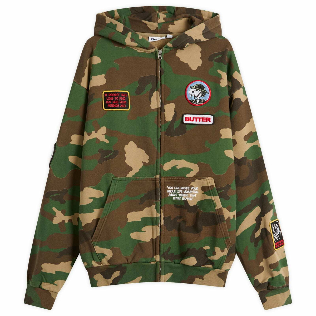 Butter Goods Men's x Peanuts Patches Zip Hoodie in Washed Camo