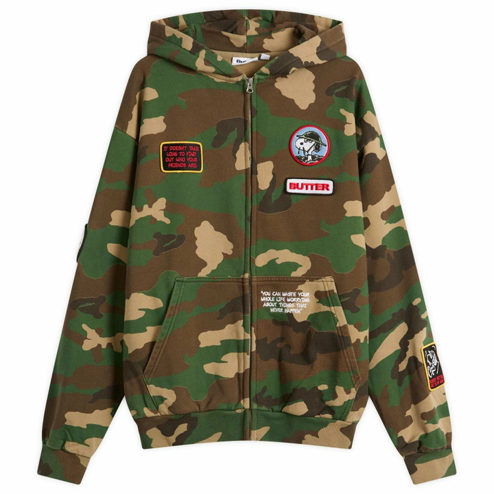 Photo: Butter Goods Men's x Peanuts Patches Zip Hoodie in Washed Camo