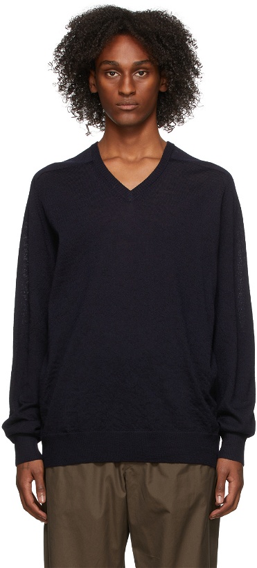 Photo: Maison Margiela Navy Wool Suede Elbow Patch V-Neck Sweater