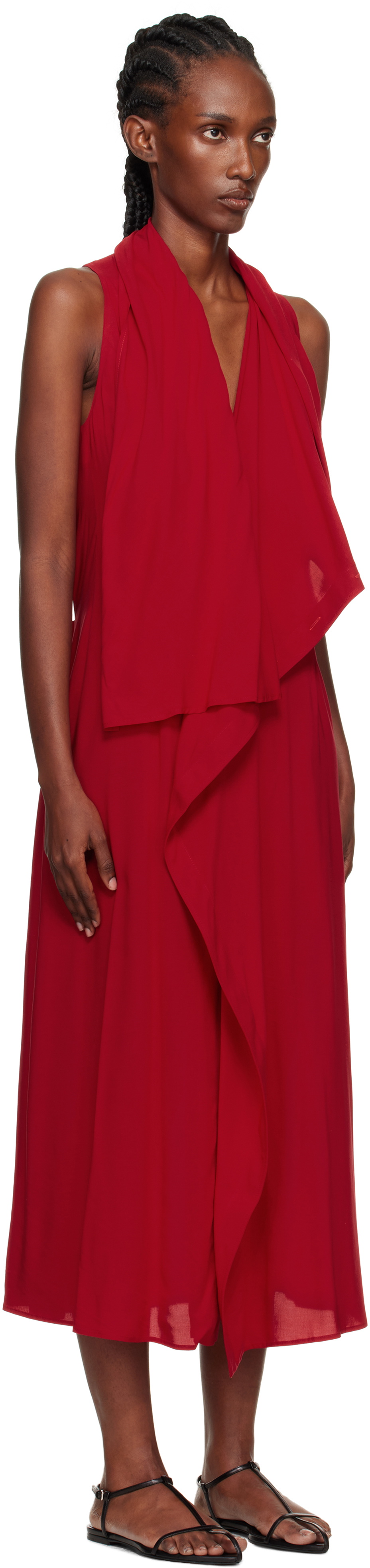 YOHJI YAMAMOTO Red Lawn Long Draped Sleeveless Maxi Dress