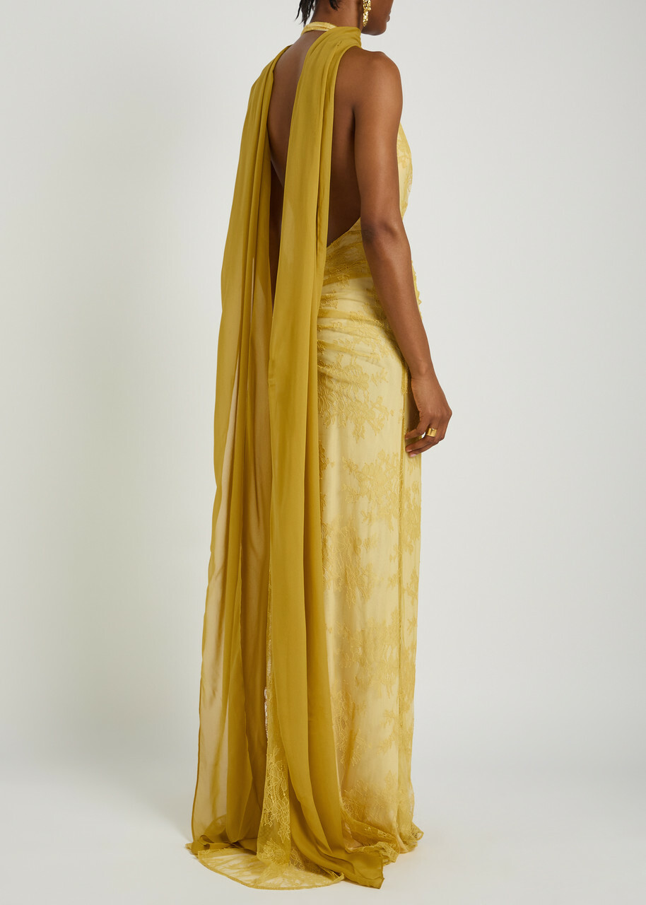DE LA Vali Amora Scarf-effect Lace Gown Yellow