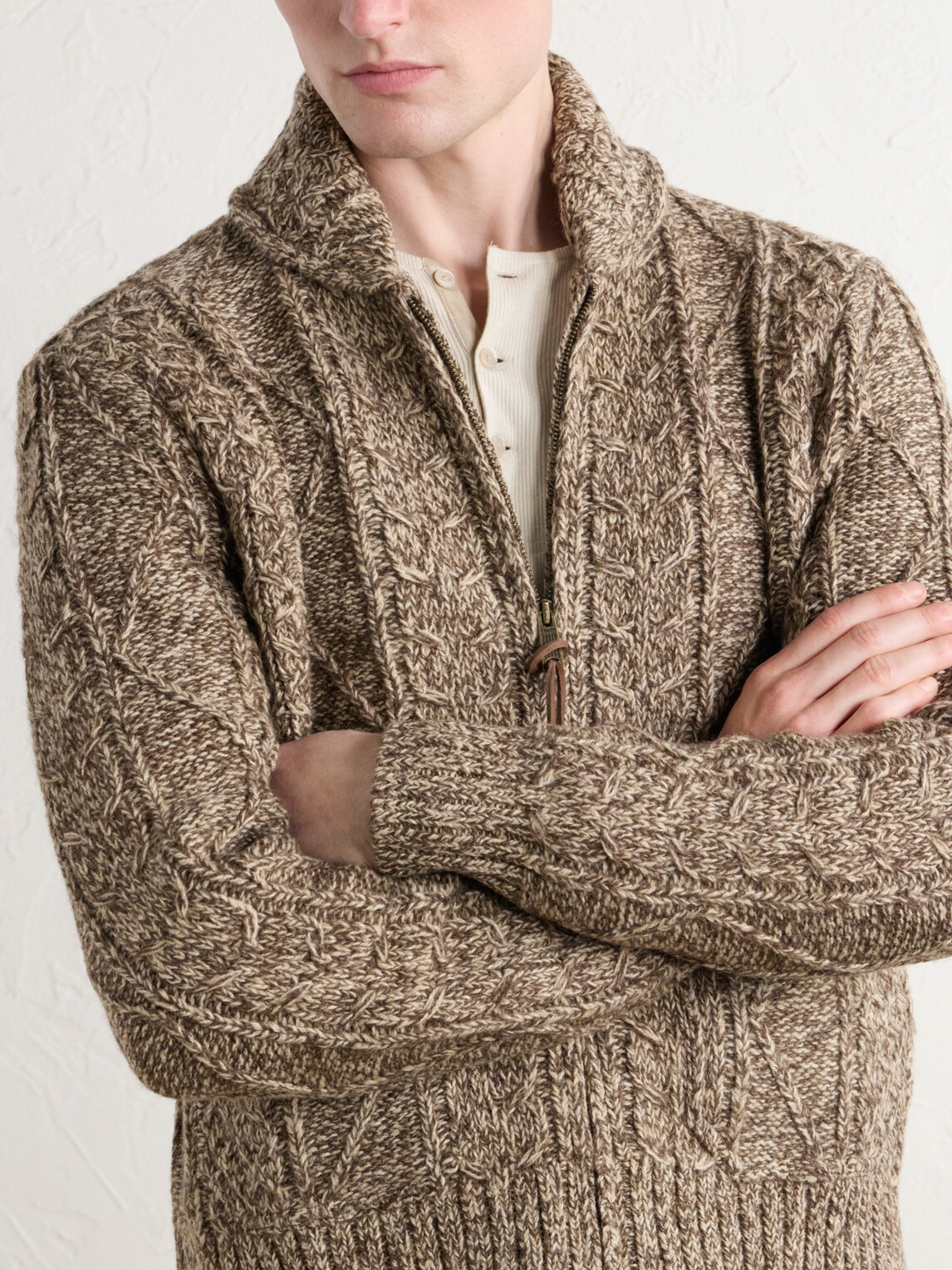 RRL - Shawl-Collar Aran Cable-Knit Wool, Cotton and Linen-Blend Zip-Up Cardigan - Brown