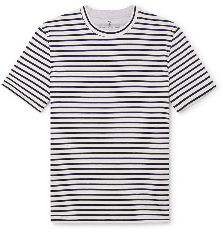 Photo: Brunello Cucinelli - Striped Cotton-Jersey T-Shirt - Blue