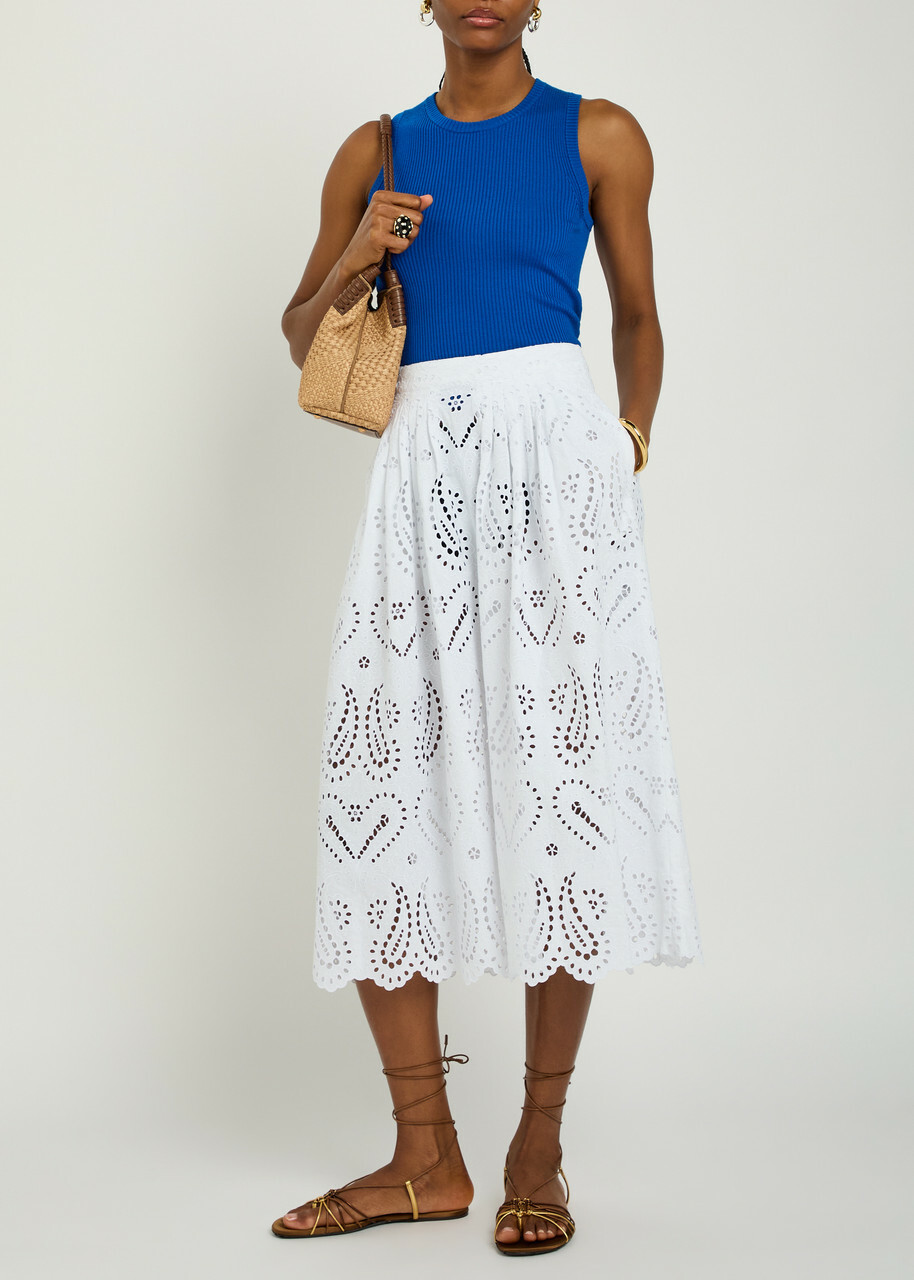 Etro Pleated Embroidered Cotton-blend Midi Skirt White