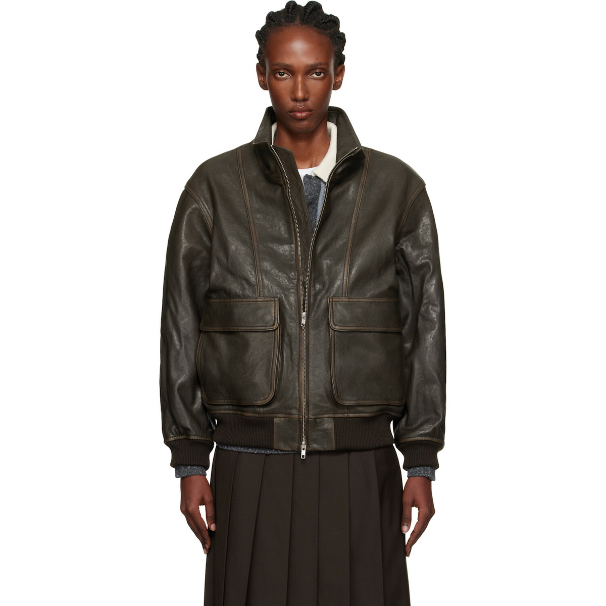 Dunst Brown Stand Collared Leather Jacket