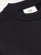 AMI PARIS - Logo-Intarsia Striped Organic Cotton and Wool-Blend Sweater - Black