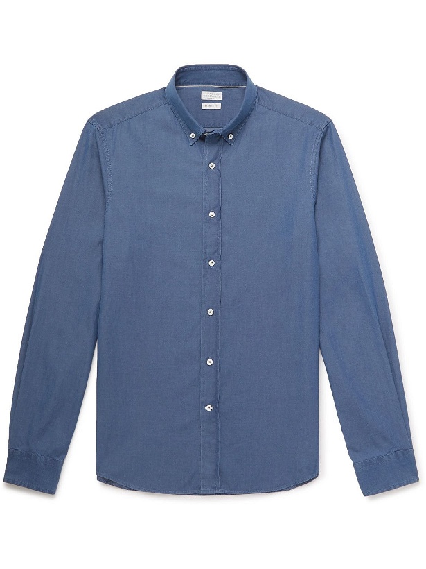 Photo: Brunello Cucinelli - Button-Down Collar Cotton-Chambray Shirt - Blue