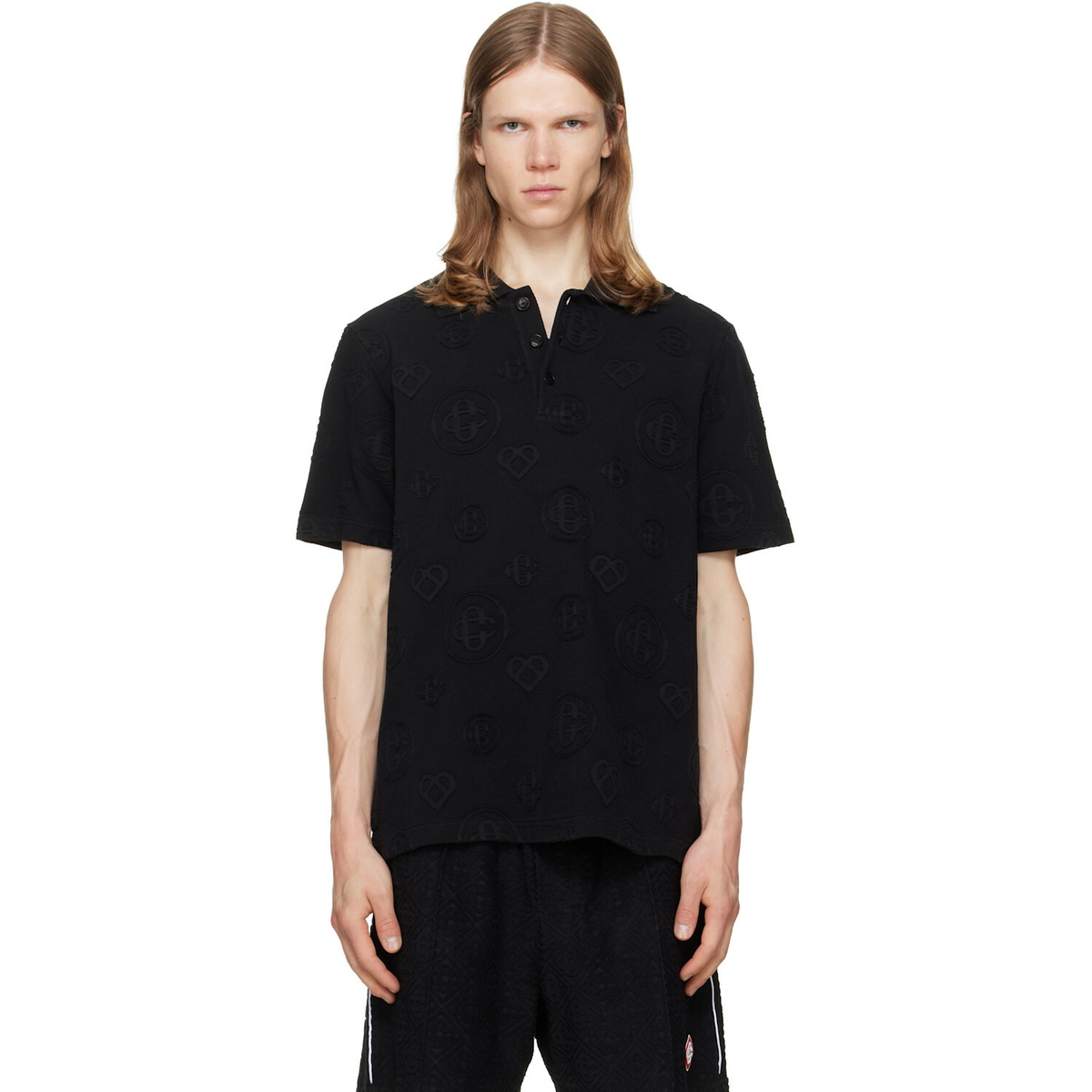 Casablanca Black Applique Monogram Short Sleeve Polo