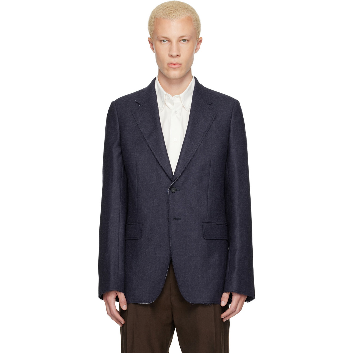 MM6 Maison Margiela Navy Raw Edges Wool Twill Blazer