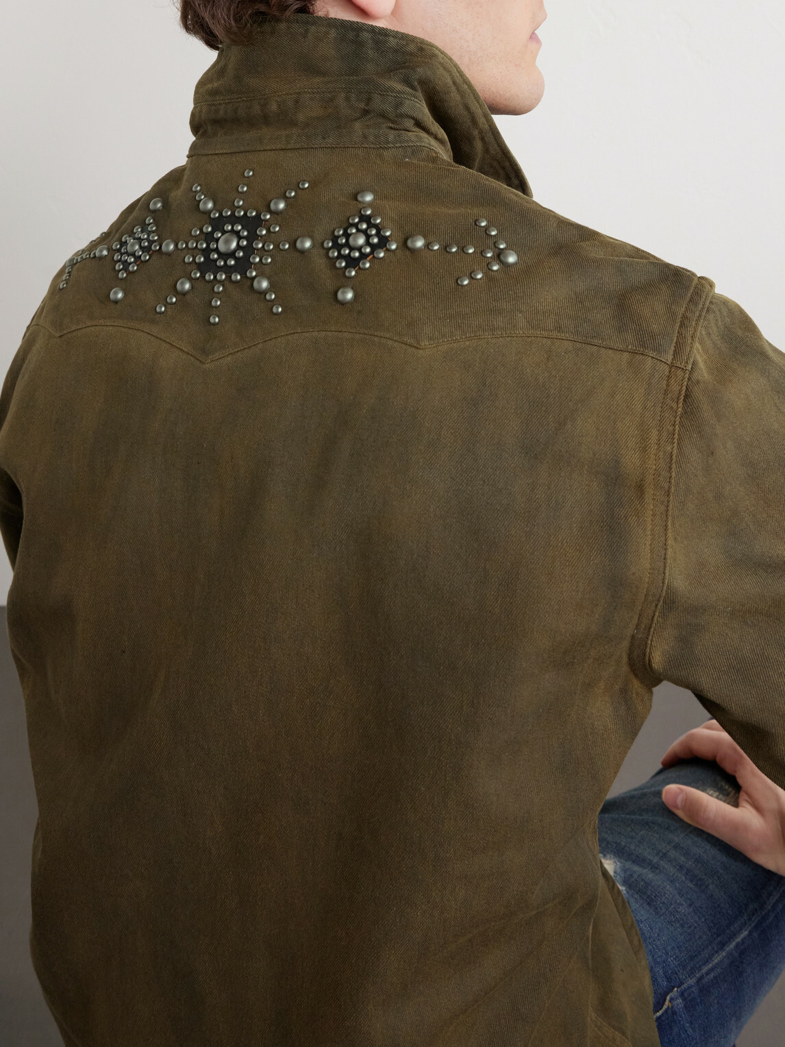 RRL - Buffalo West Studded Leather-Trimmed Denim Shirt - Brown