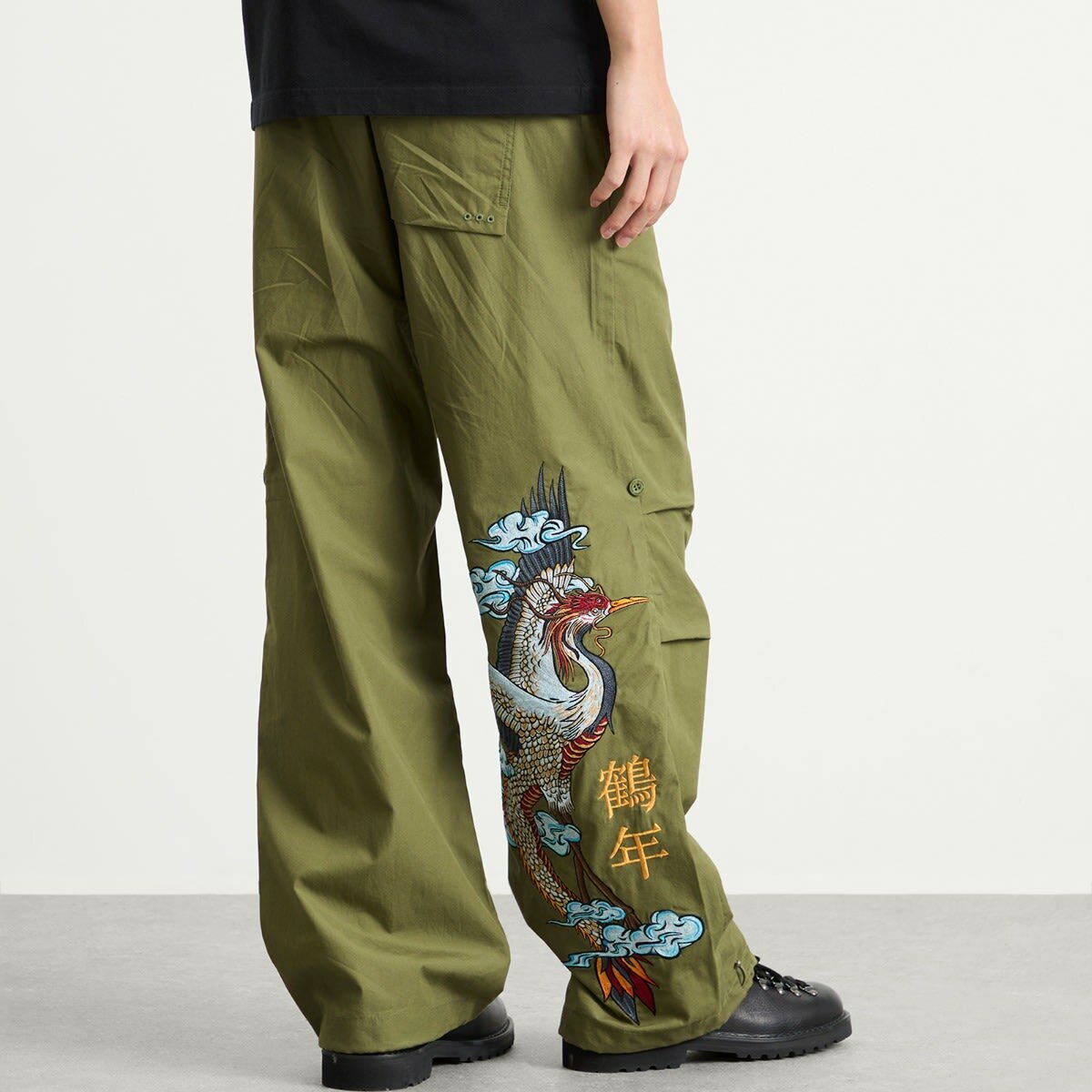 Maharishi Men's Dragon Crane Embroidered Loose Snopants in Olive