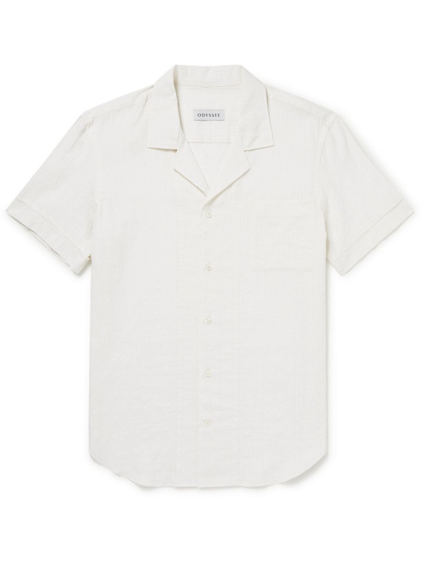 Photo: Odyssee - Camp Collar Striped Cotton and Linen-Blend Shirt - White