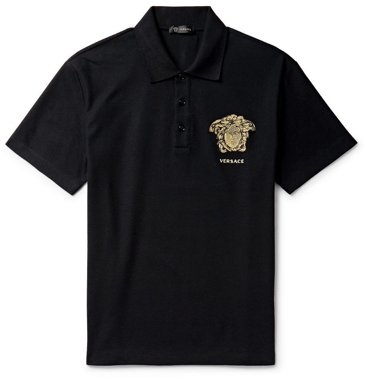 Photo: Versace - Logo-Embroidered Cotton-Piqué Polo Shirt - Black