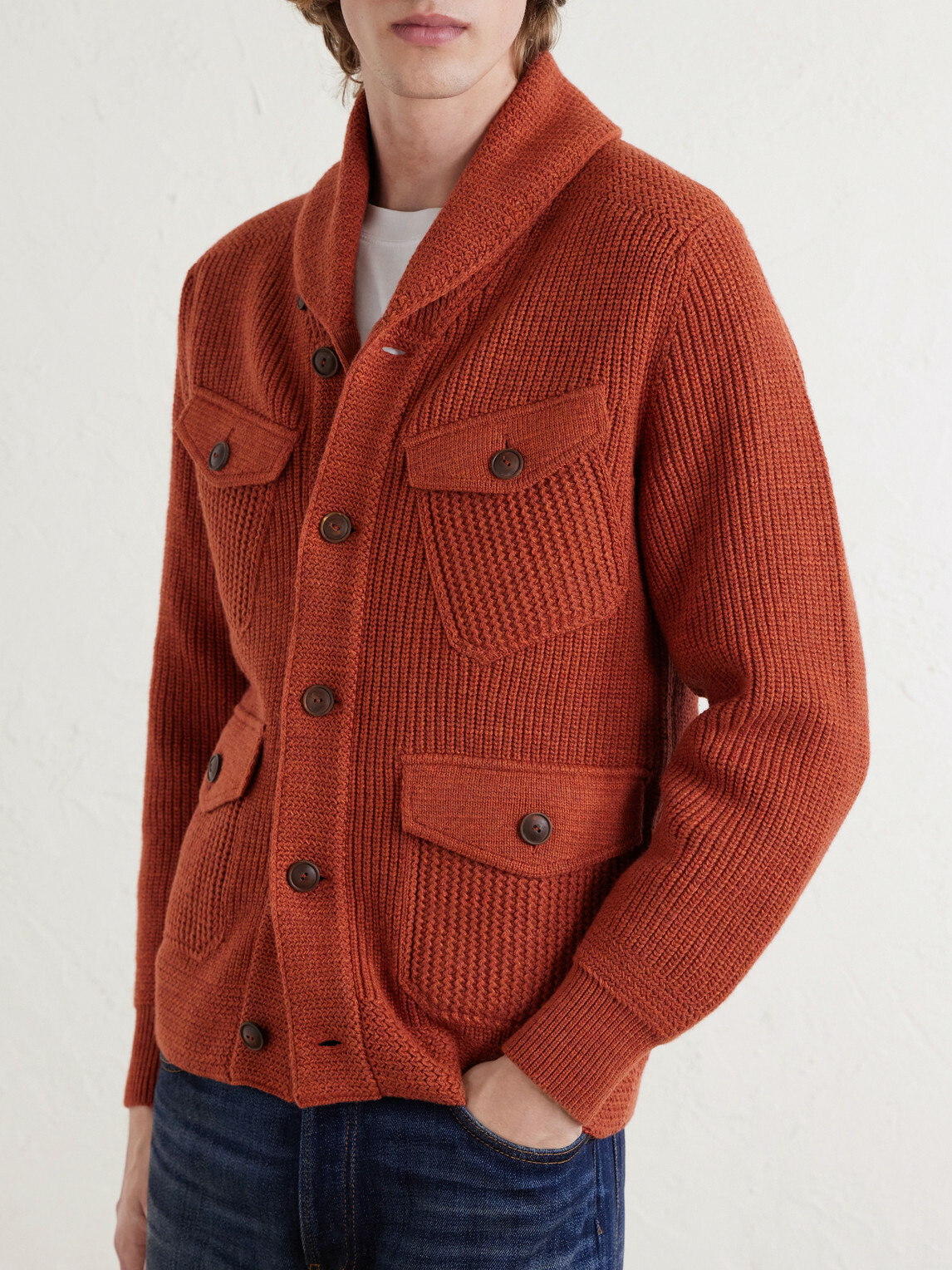 RRL - Shawl-Collar Ribbed Cotton and Wool-Blend Cardigan - Orange