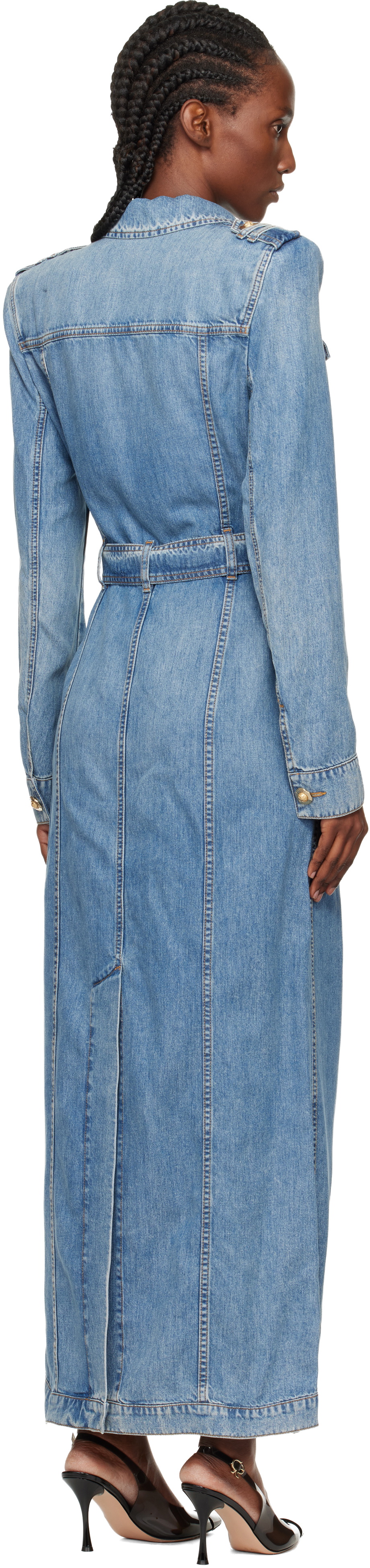 Balmain Blue Belted Long Denim Coat