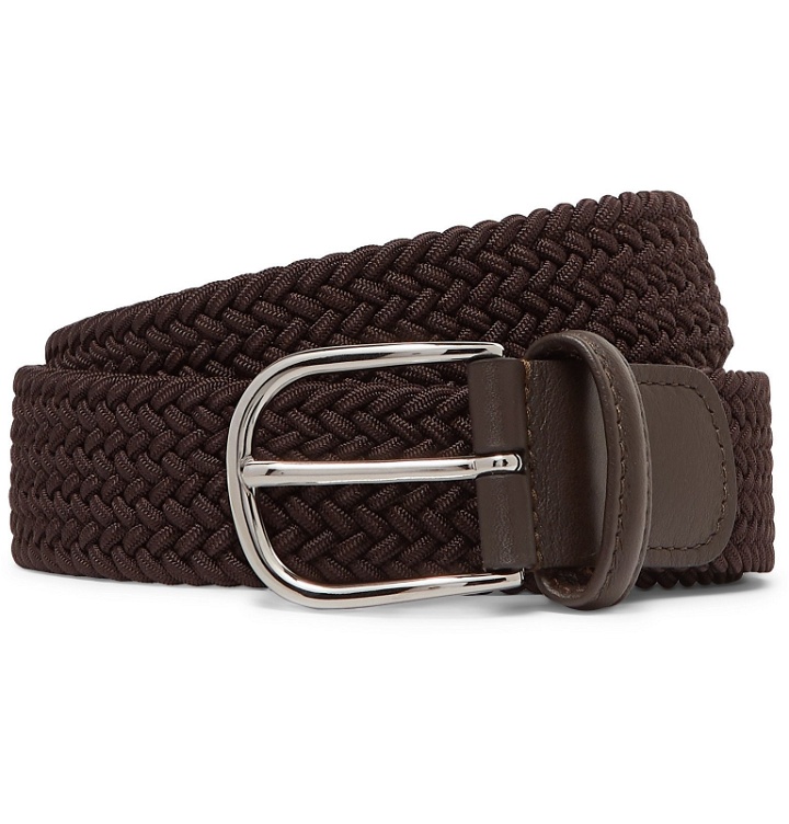 Photo: Anderson's - 3.5cm Brown Leather-Trimmed Woven Elastic Belt - Brown
