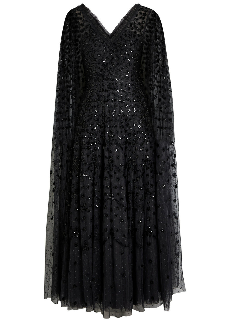 Needle & Thread Clover Cape-effect Tulle Gown Black