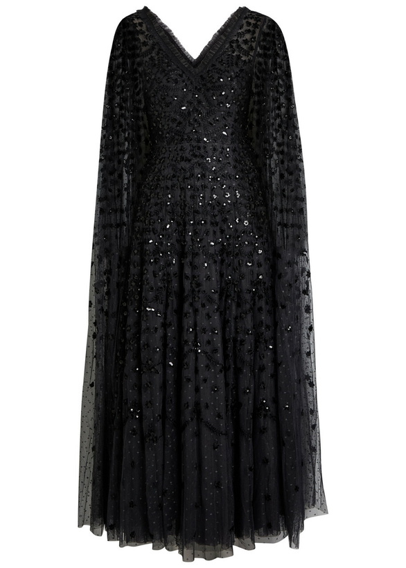 Photo: Needle & Thread Clover Cape-effect Tulle Gown Black