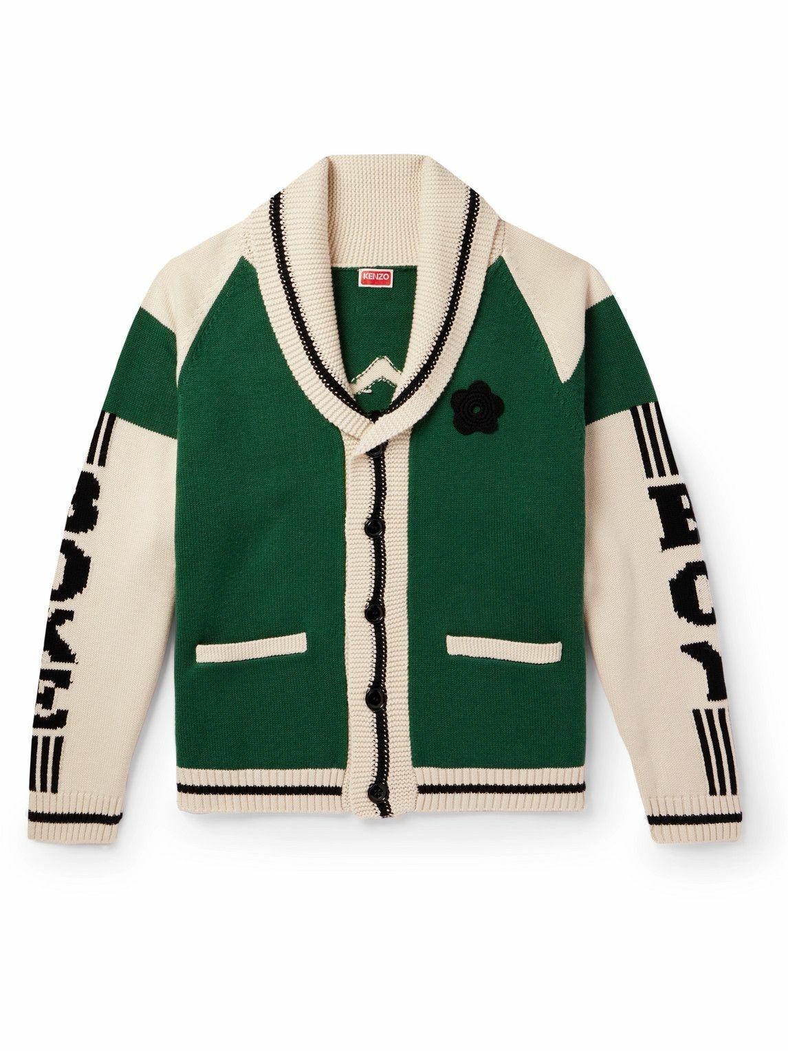 Photo: KENZO - Boke Boy Shawl-Collar Embroidered Wool and Cotton-Blend Cardigan - Green