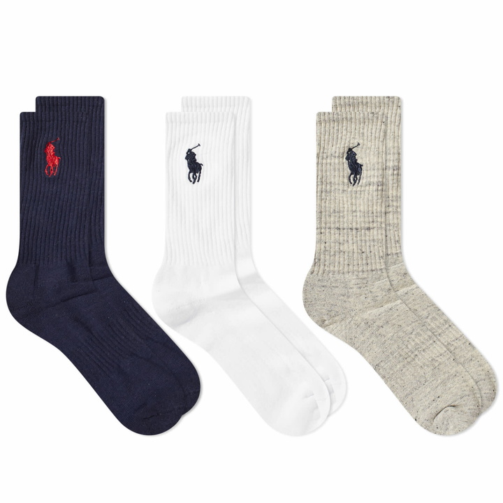 Photo: Polo Ralph Lauren Men's Pony Player Cotton Crew Sock - 3 Pack in Navy/White/Grey