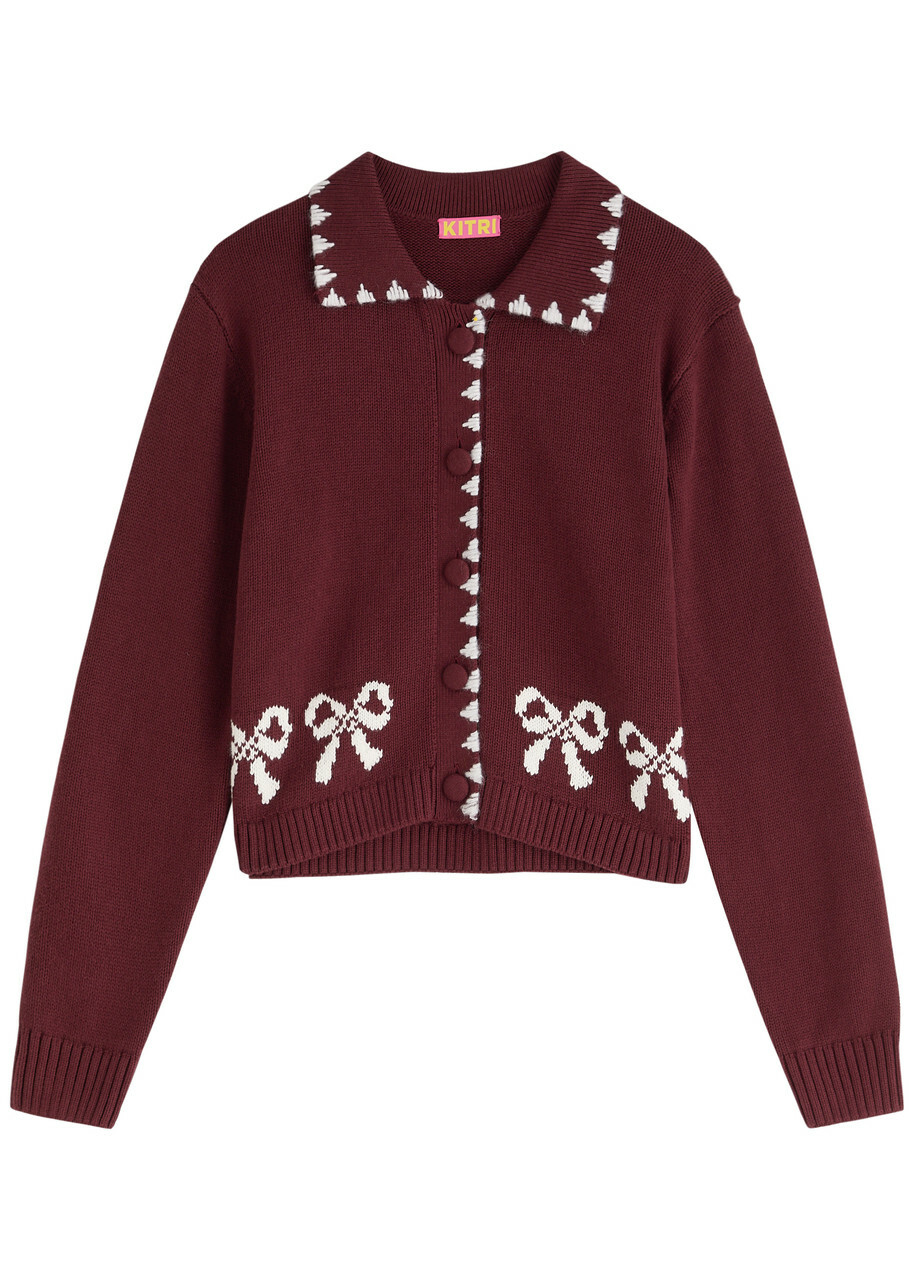 Kitri Polly Bow-intarsia Cotton-blend Cardigan Chocolate