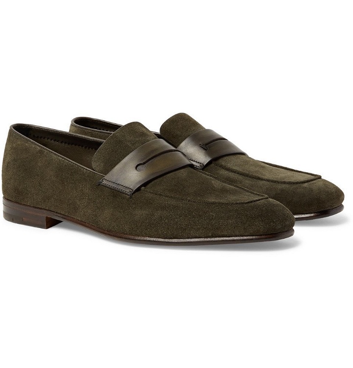 Photo: Ermenegildo Zegna - Asola Leather-Trimmed Suede Penny Loafers - Army green