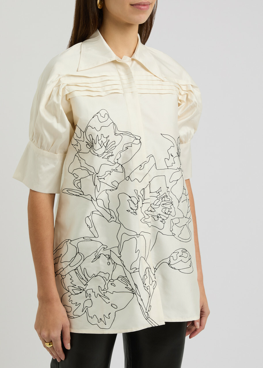 Lovebirds Embroidered Silk-satin Shirt Ivory