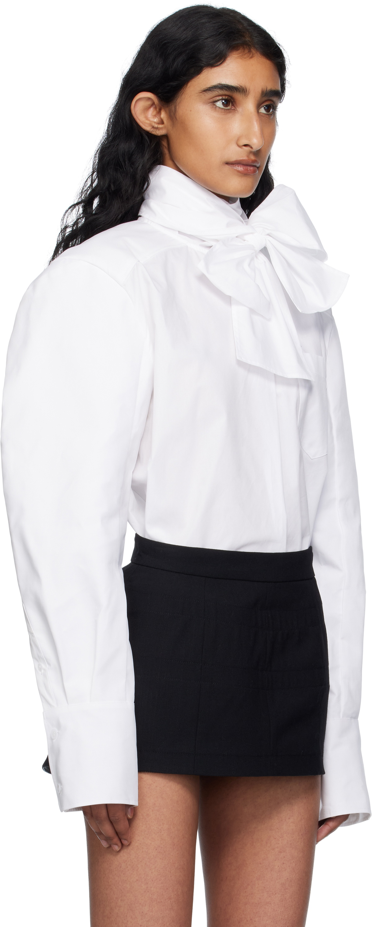 Pushbutton White Neck Ribbon Tie Blouse
