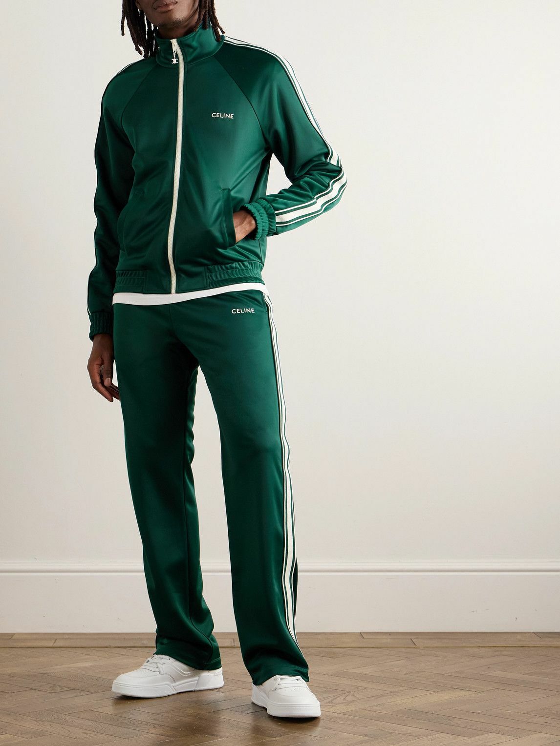 CELINE - Striped Logo-Embroidered Jersey Track Jacket - Green Celine