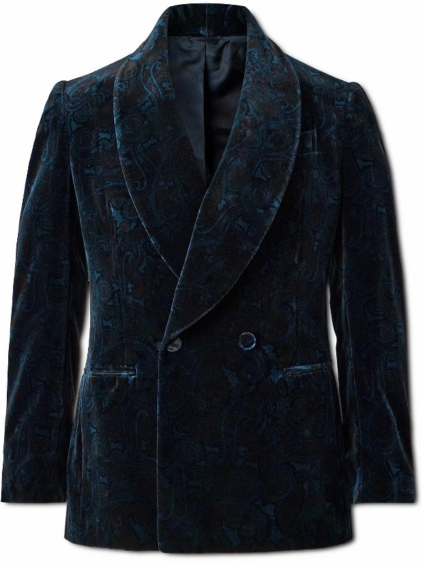 Photo: De Petrillo - Positano Shawl Collar Double-Breasted Paisley Cotton-Velvet Tuxedo Jacket - Blue