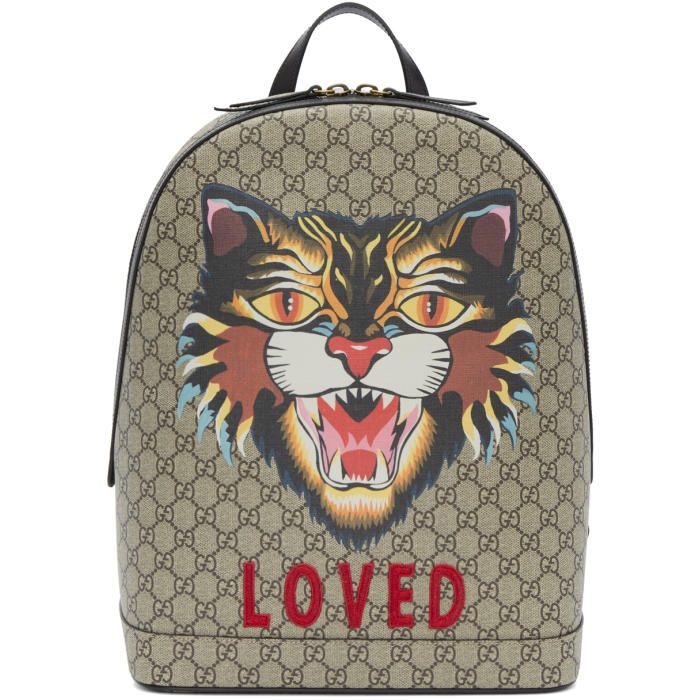 Photo: Gucci Beige GG Supreme Loved Angry Cat Backpack