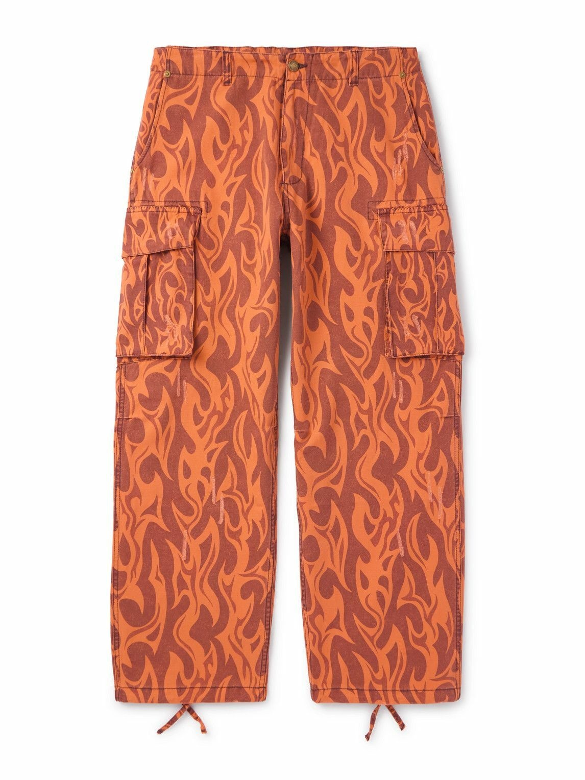 Photo: ERL - Straight-Leg Distressed Printed Cotton-Canvas Cargo Trousers - Orange