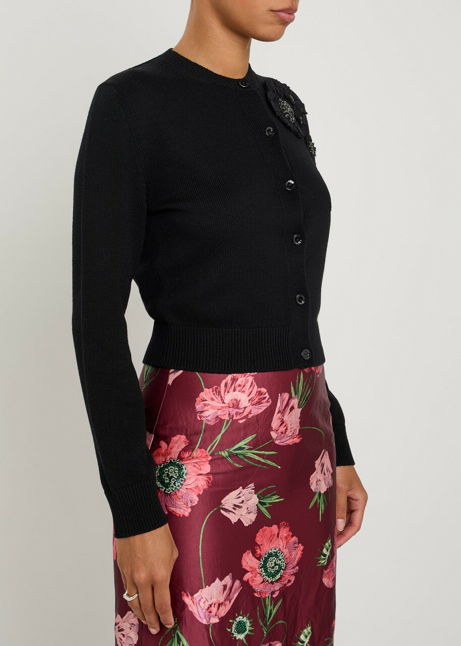 Erdem Floral-embellished Merino Wool Cardigan Black