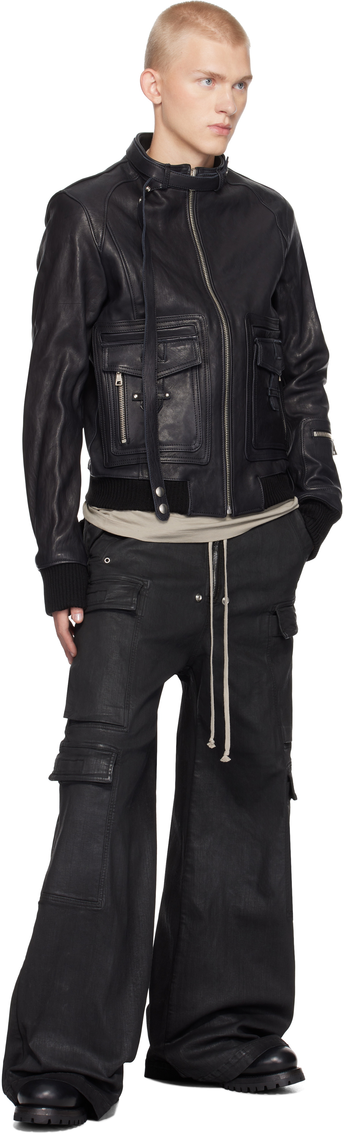 NO/FAITH STUDIOS Black Basic Cargo Leather Jacket