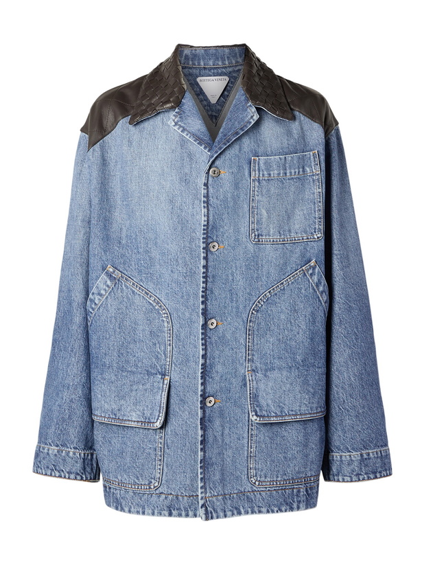 Photo: Bottega Veneta - Intrecciato Leather-Panelled Denim Jacket - Blue
