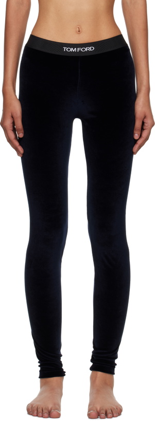 Photo: TOM FORD Navy Lustrous Velour Signature Leggings