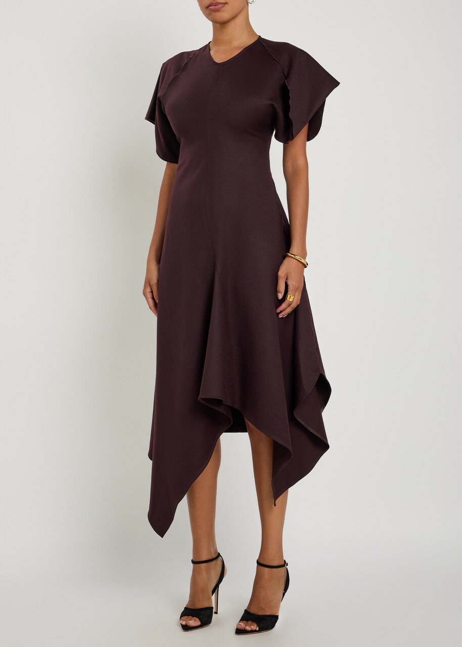Victoria Beckham Asymmetric Wool Midi Dress Bordeaux