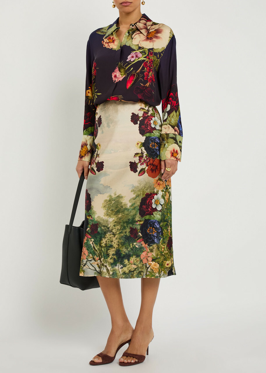 Alice + Olivia Maeve Floral-print Satin Midi Skirt Multicoloured