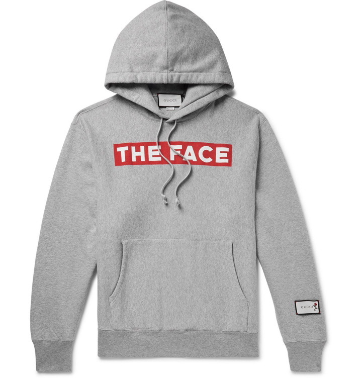 Photo: Gucci - The Face Oversized Logo-Print Mélange Loopback Cotton-Jersey Hoodie - Gray