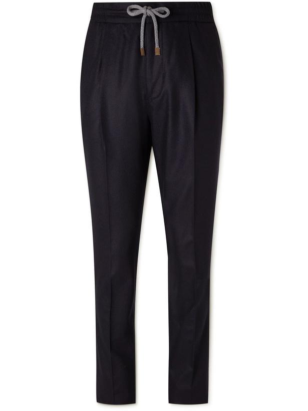 Photo: BRUNELLO CUCINELLI - Brushed Virgin Wool-Twill Drawstring Trousers - Blue