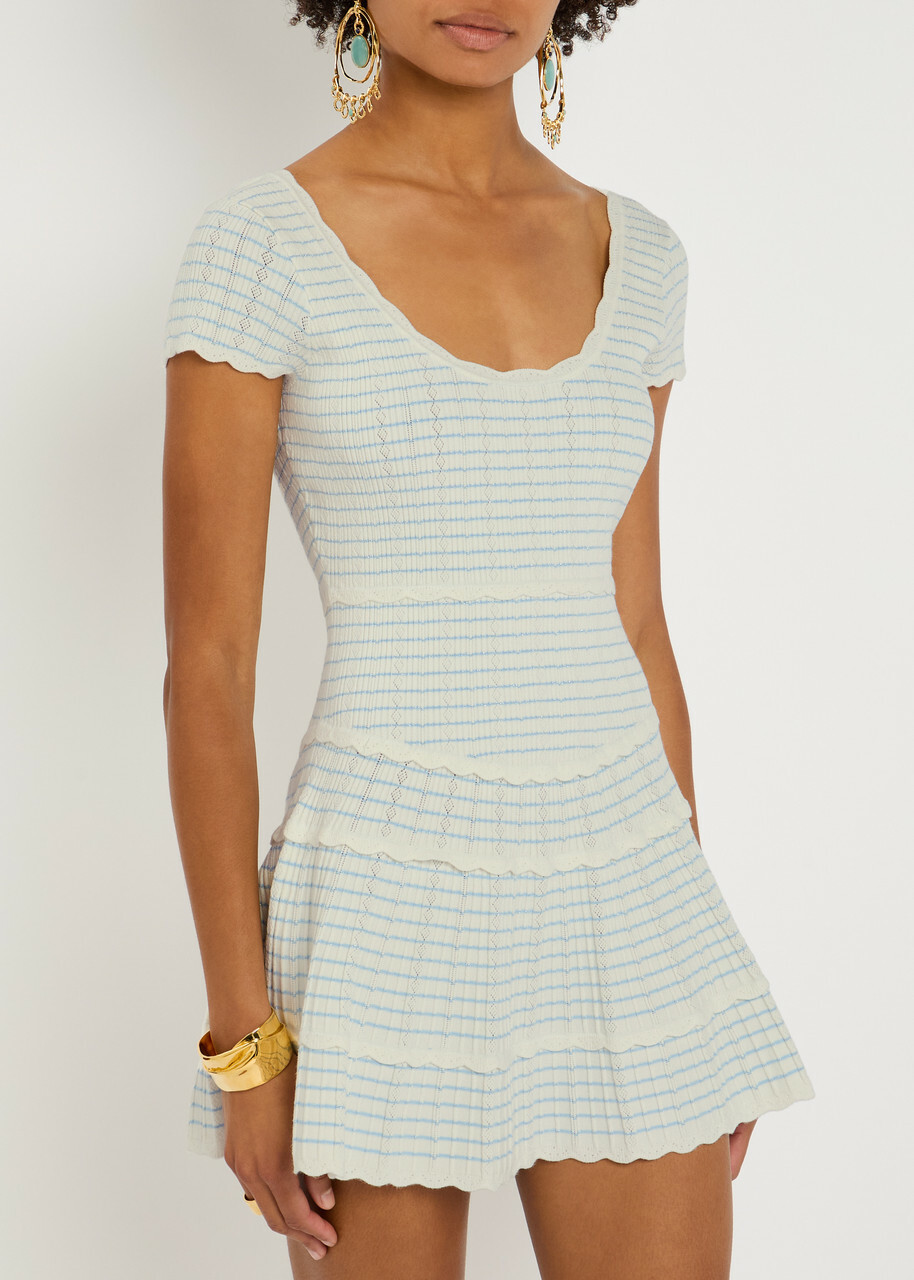Loveshackfancy Elisavette Striped Pointelle Knit Mini Dress White And Blue