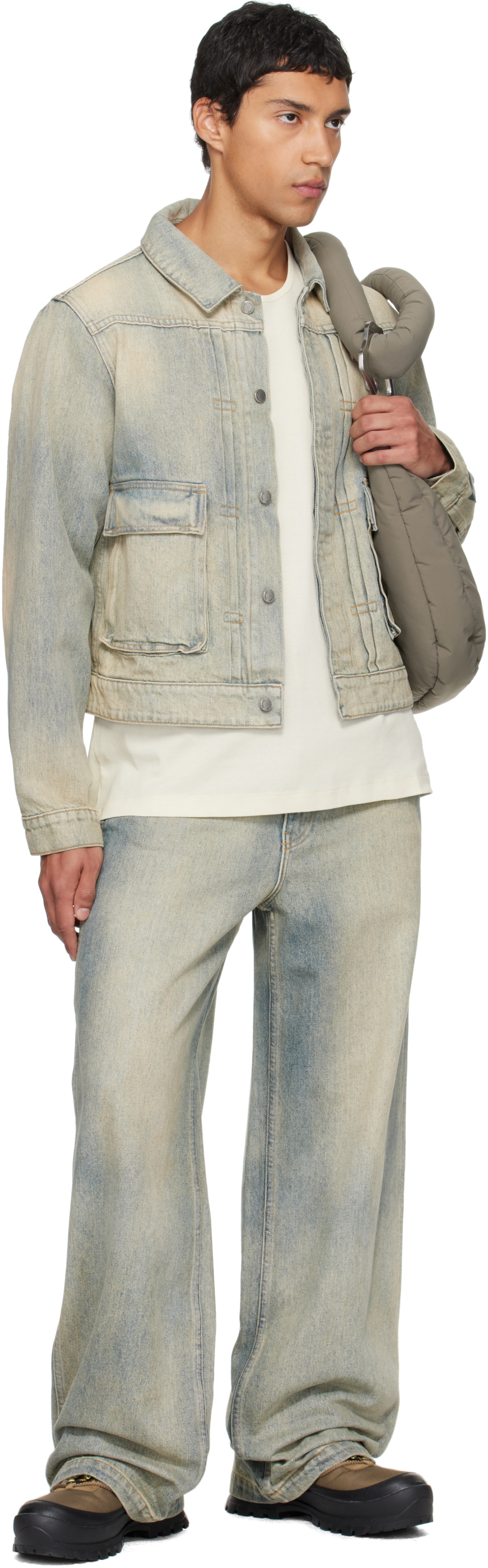 Reese Cooper Blue Concealed Button Denim Trucker Jacket