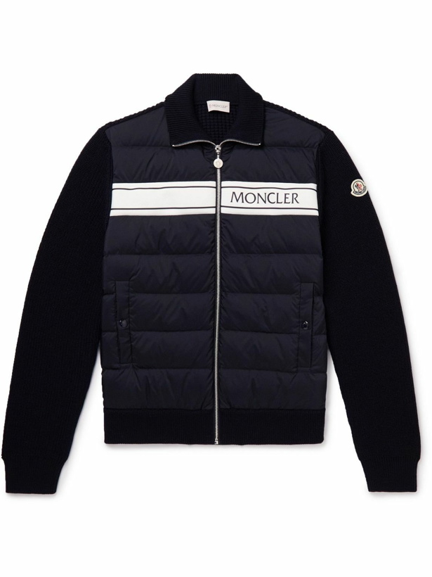 Photo: Moncler - Logo-Print Quilted Shell and Ribbed Wool Cardigan - Blue