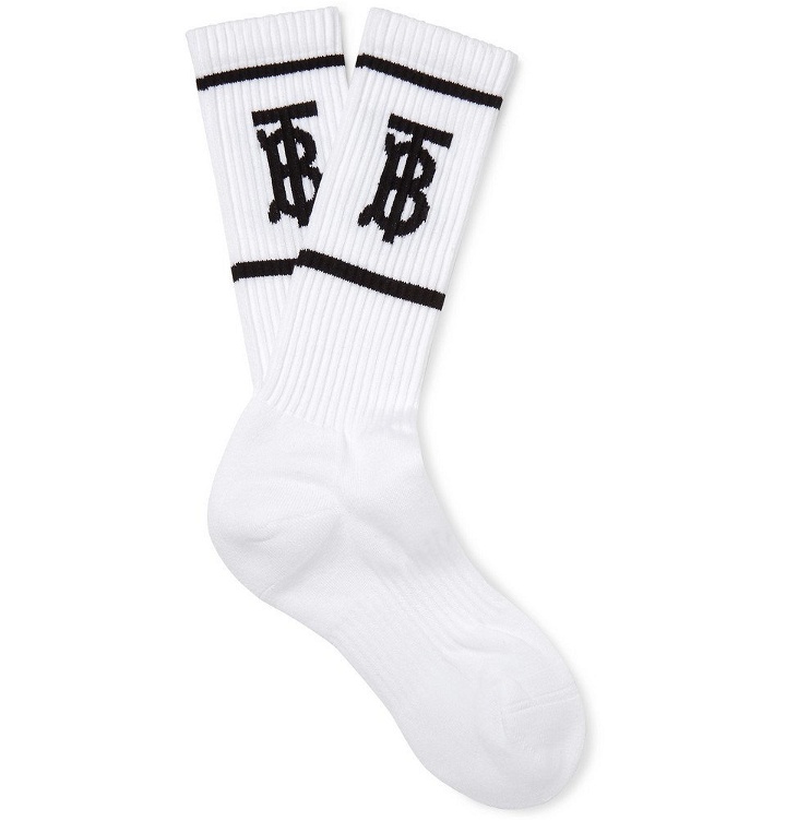 Photo: Burberry - Logo-Intarsia Stretch Cotton-Blend Socks - White