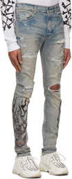 AMIRI Blue & Taupe Bandana Flame Jeans