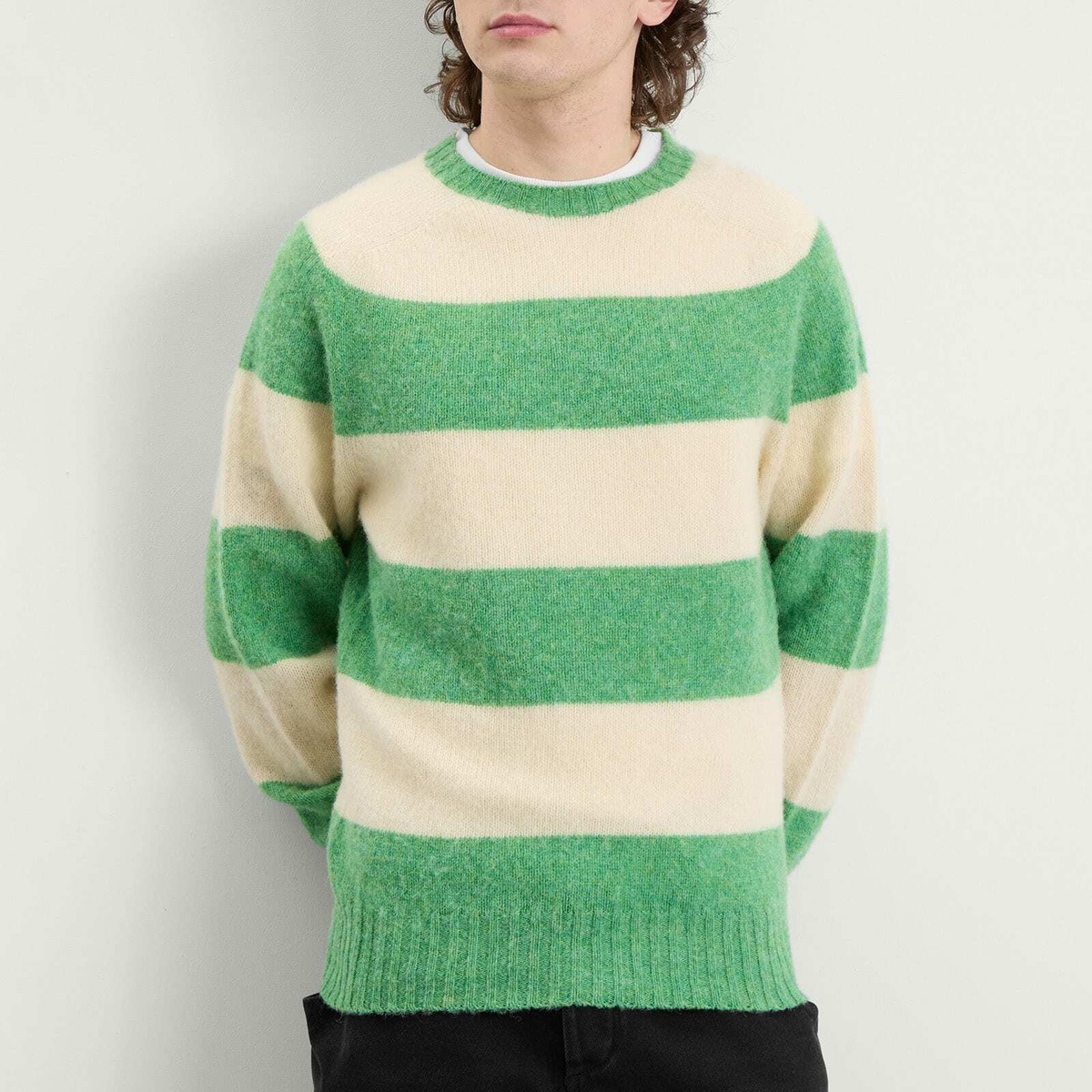 YMC Men's Suedehead Stripe Crew Neck Jumper in Green/Off White