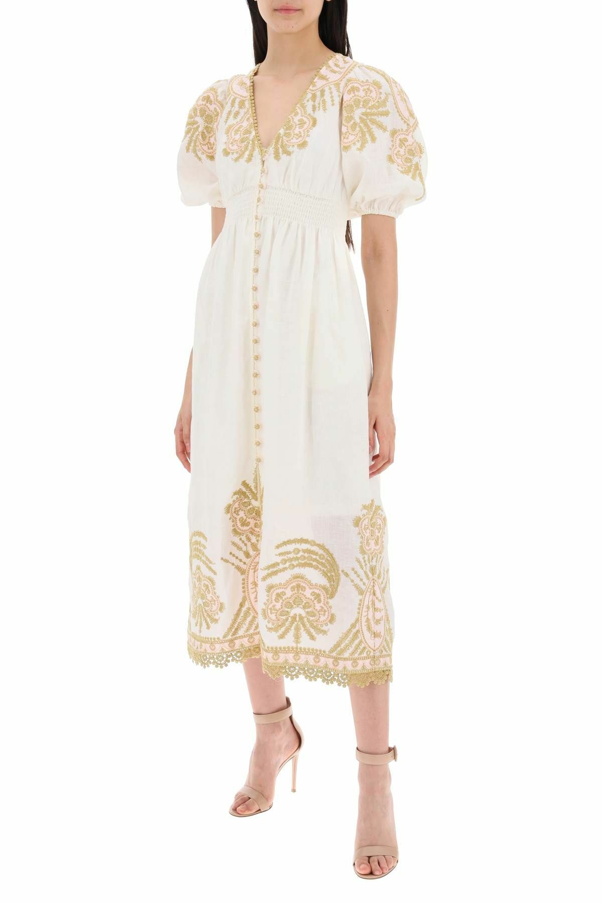 zimmermann white and gold dress ZIMMERMANN Belted Dress Linen Silk White Gold REAWAKE