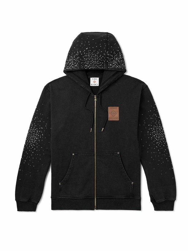 Photo: Casablanca - La Prémonition Logo-Appliquéd Crystal-Embellished Printed Organic Cotton-Jersey Zip-Up Hoodie - Black