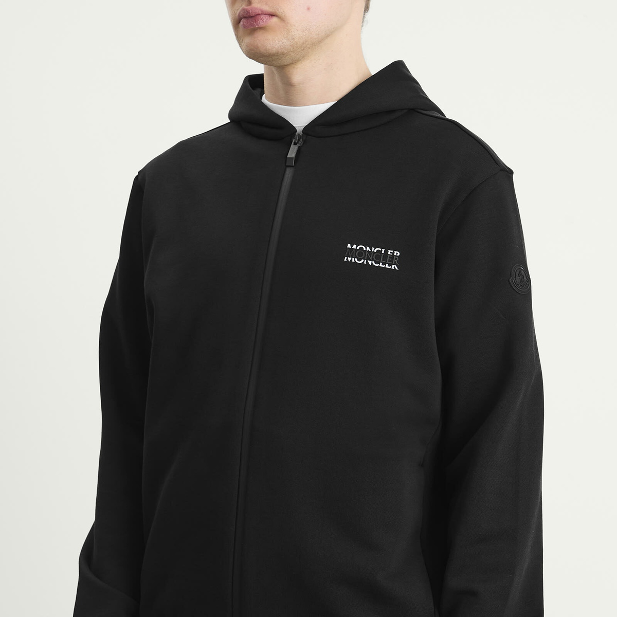 Moncler Men's Stripe Logo Zip Up Hoodie in Black
